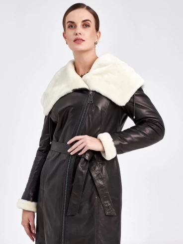 Кожаное пальто зимнее женское 390мех, с капюшоном, черно-белое, р. 50, арт. 91810-0
