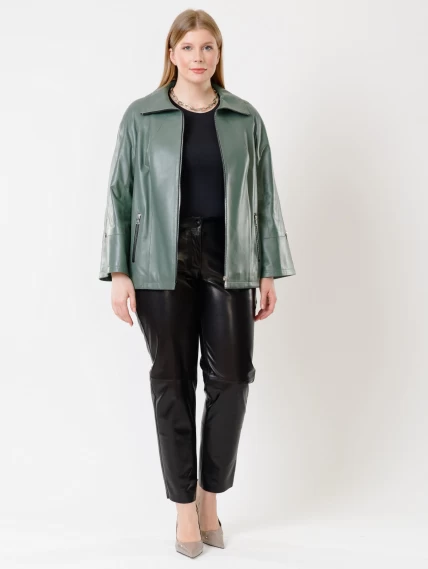 Кожаный комплект женский: Куртка 385 + Брюки 04, оливковый/черный, размер 48, артикул 111381-0