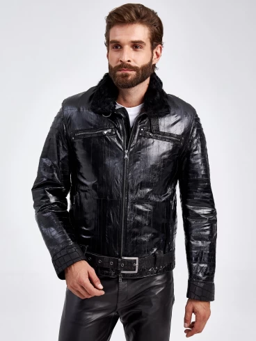Кожаная зимняя мужская куртка из кожи морского угря на подкладке из овчины тиградо ZE/F-7785, черная, размер 46, артикул 29490-0