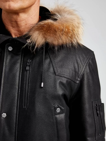 Утепленная мужская кожаная куртка аляска с мехом енота Алекс, черная DS, размер 52, артикул 40380-2