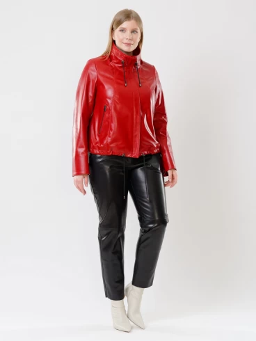 Кожаная женская куртка бомбер с капюшоном 305, красная, размер 48, артикул 91440-3