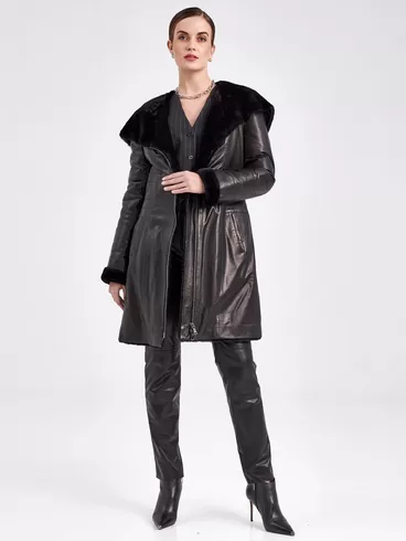 Кожаное пальто зимнее женское 393мех, с капюшоном, черное, р. 46, арт. 91860-5