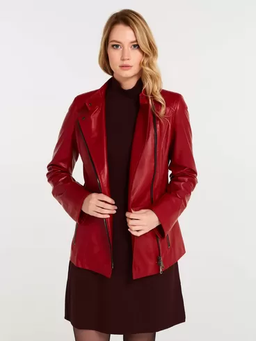 Кожаная куртка женская 320нв, с поясом, красная, р. 42, арт. 90620-1