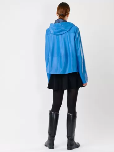 Кожаная куртка женская 308рc, с капюшоном, голубая, р. 46, арт. 91140-4