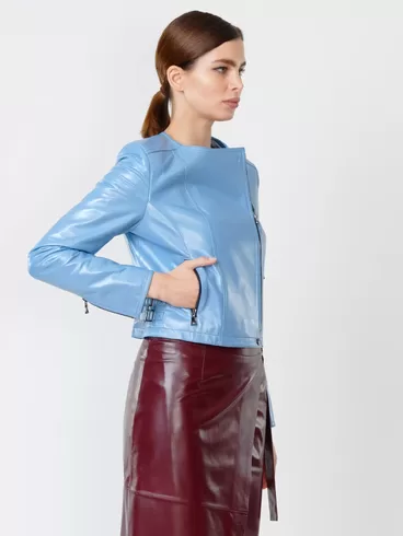 Кожаный комплект: Куртка женская 389 + Юбка-миди с запахом 07, голубой/бордовый, р. 42, арт. 111112-5
