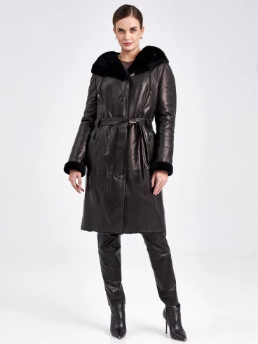 Кожаное пальто зимнее женское 392мех, с капюшоном, с поясом, черное, р. 48, арт. 91850-5