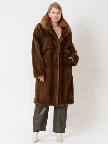 Зимний комплект женский: Пальто из меха норки 17417ав + Брюки 06, коричневый/оливковый, р. 48, арт. 111336-1