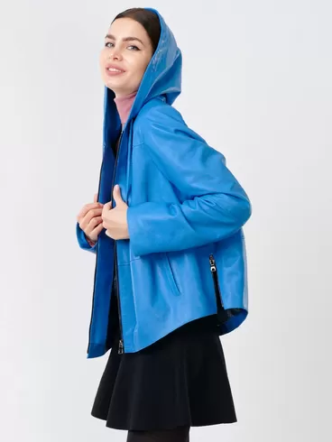 Кожаная куртка женская 308рc, с капюшоном, голубая, р. 46, арт. 91140-2