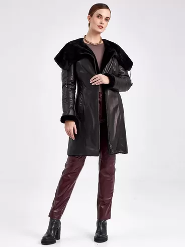 Кожаное пальто зимнее женское 390мех, с капюшоном, черное, р. 50, арт. 91800-5