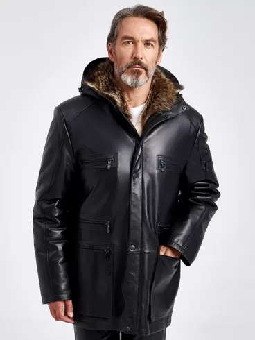 Кожаная куртка зимняя премиум класса мужская 513мех, на подкладке из овчины, черная, p. 54, арт. 41740-0
