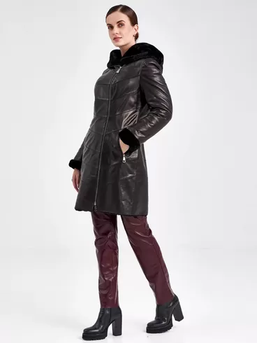 Кожаное пальто зимнее женское 391мех, с капюшоном, черное, р. 46, арт. 91820-1