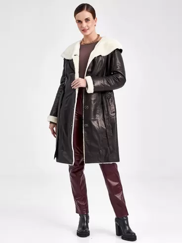 Кожаное пальто зимнее женское 392мех, с капюшоном, с поясом, черно-белое, р. 48, арт. 91840-1