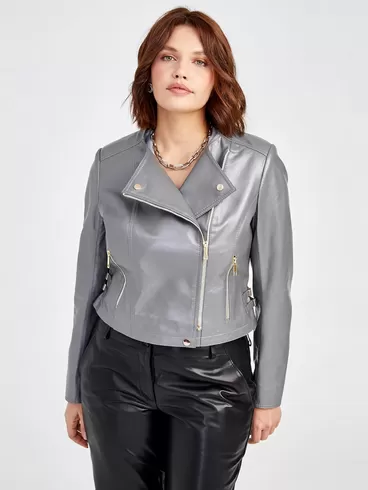Кожаный комплект: Куртка женская 389 + Брюки женские 03, серый/черный, размер 42, артикул 111116-4