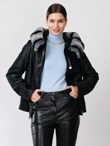 Замшевая утепленная куртка женская 308ш, с мехом "рекса", черная, р. 46, арт. 90722-0