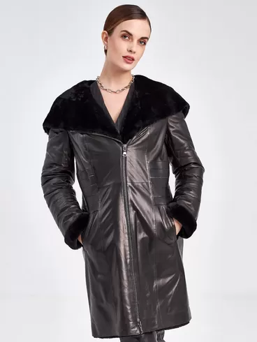 Кожаное пальто зимнее женское 393мех, с капюшоном, черное, р. 46, арт. 91860-6