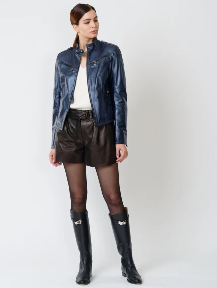 Кожаный комплект женский: Куртка 399 + Шорты 01, синий перламутр/черный, размер 44, артикул 111206-0