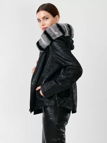 Замшевая утепленная куртка женская 308ш, с мехом "рекса", черная, р. 46, арт. 90722-2