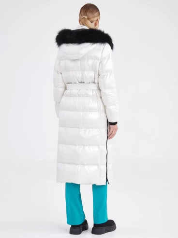 Пальто кожаное с капюшоном премиум класса женское 3025 с мехом песца, серебристое, размер 44, артикул 25430-6