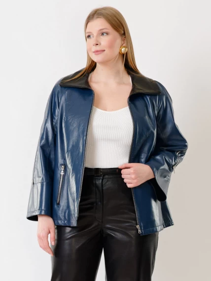 Кожаный комплект женский: Куртка 385 + Брюки 04, синий/черный, размер 48, артикул 111383-3