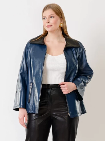 Кожаная женская куртка оверсайз 385, синяя, размер 48, артикул 91341-6