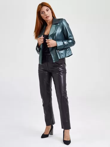 Кожаный двубортный пиджак женский 3014, зеленый, р. 46, арт. 91730-1