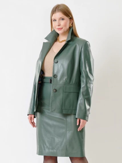 Кожаный костюм женский: Пиджак 3007 + Юбка-карандаш 02рс, оливковый, размер 46, артикул 111137-5