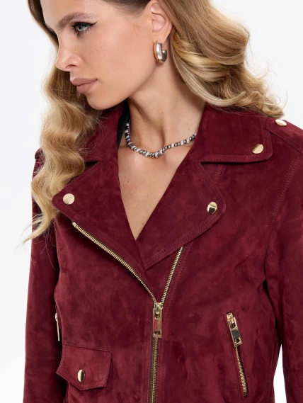 Женская замшевая куртка косуха с поясом премиум класса 3080з, бордовая, размер 44, артикул 24740-2