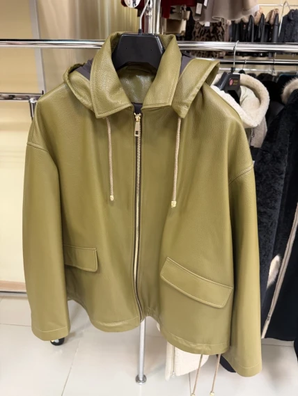 Женская кожаная куртка с капюшоном премиум класса 3102, зеленая, размер 44, артикул 92160-0