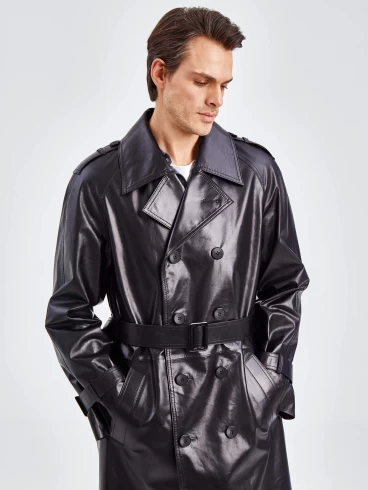 Двубортное мужское кожаное пальто премиум класса 553, черное, размер 50, артикул 71340-1