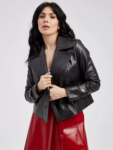 Кожаный двубортный пиджак женский 3014, черный, р. 46, арт. 91571-3