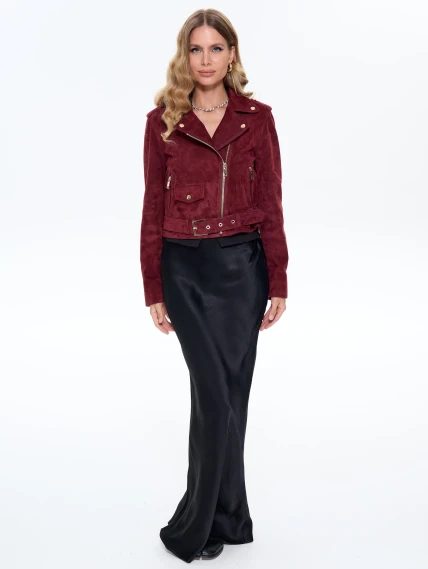 Женская замшевая куртка косуха с поясом премиум класса 3080з, бордовая, размер 44, артикул 24740-6