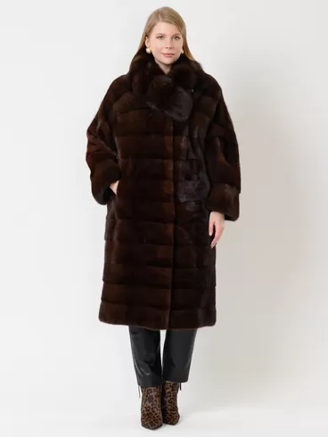Пальто из меха норки с соболем женское 1150в, длинное, темно-коричневое, арт. 32790-2
