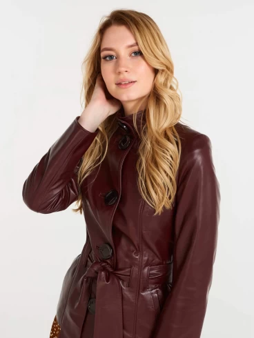Кожаная куртка женская 334, с поясом, бордовая, р. 42, арт. 90630-2