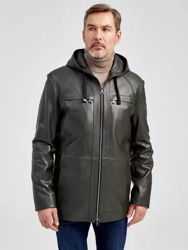Кожаная куртка премиум класса мужская 552, с капюшоном, оливковая, р. 48, арт. 28941-0