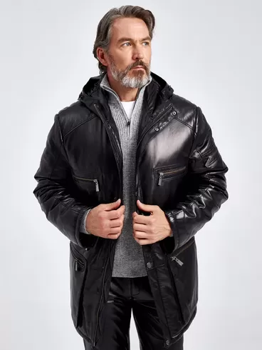 Кожаная куртка утепленная мужская 513, с капюшоном, черная, p. 56, арт. 29100-3