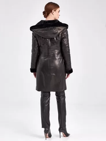 Кожаное пальто зимнее женское 393мех, с капюшоном, черное, р. 46, арт. 91860-2