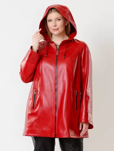 Кожаная куртка женская 383, с капюшоном, красная, р. 50, арт. 91311-6