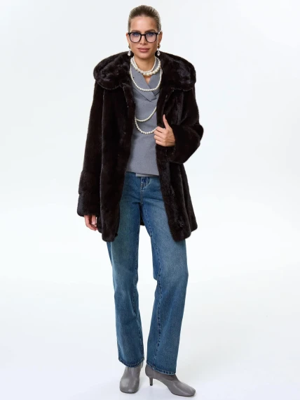 Короткая женская норковая шуба автоледи с капюшоном Елена(к), черная, размер 50, артикул 64540-6