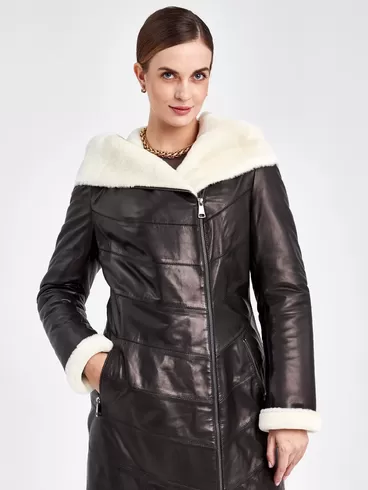Кожаное пальто зимнее женское 391мех, с капюшоном, черное - белое, р. 46, арт. 91830-6