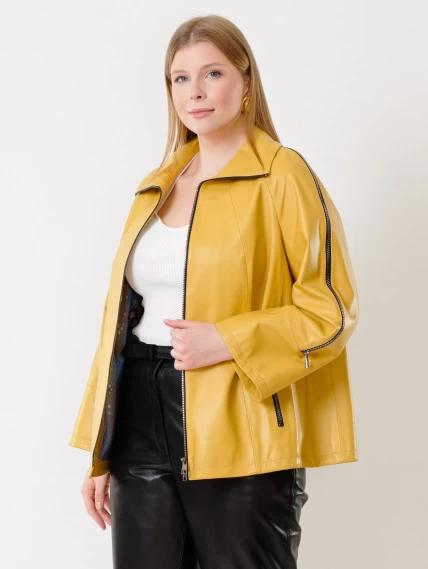 Кожаный комплект женский: Куртка 385 + Брюки 04, желтый/черный, размер 48, артикул 111382-4