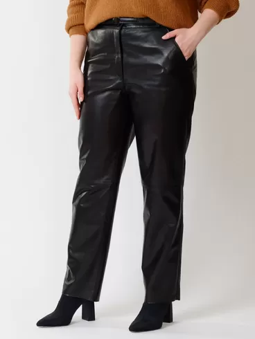 Кожаные прямые брюки женские 04, из натуральной кожи, черные, р. 60, арт.  85390-6