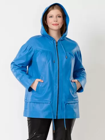 Кожаная куртка женская 303у , с капюшоном, голубая, р. 50, арт. 91201-6