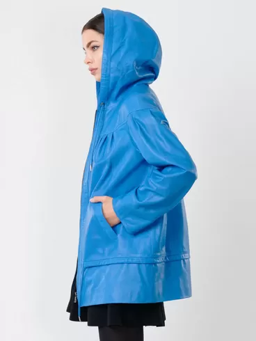 Кожаная куртка женская 303у, с капюшоном, голубая, р. 48, арт. 90690-1
