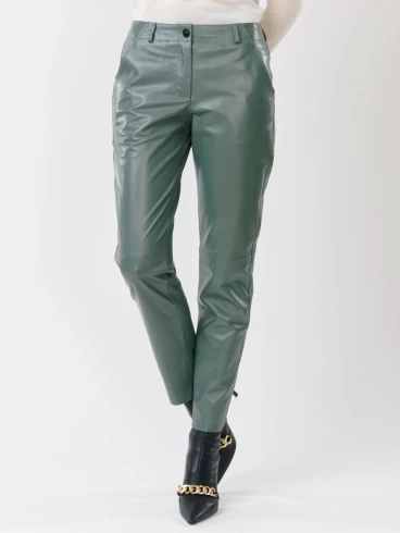 Кожаные зауженные брюки женские 03, из натуральной кожи, оливковые, р. 42, арт. 85260-3