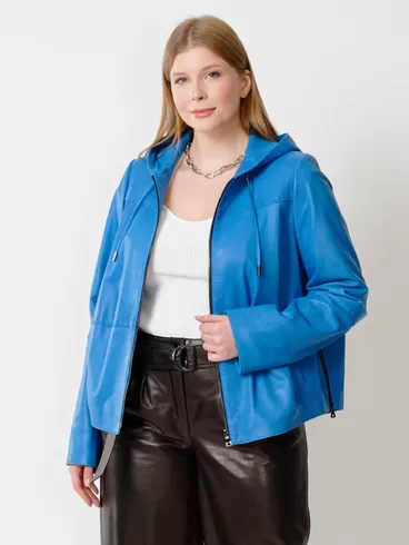 Кожаная куртка женская 308рc, с капюшоном, голубая, р. 50, арт. 91221-0