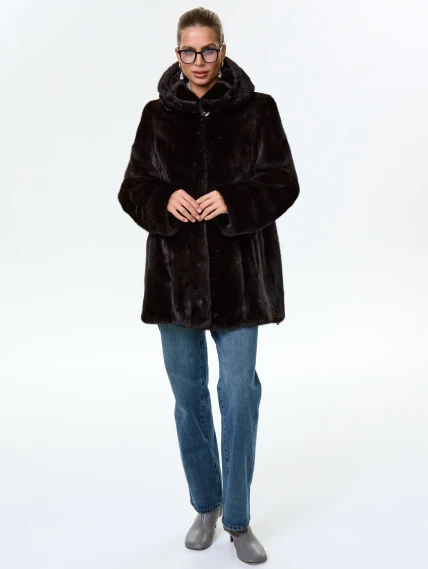 Короткая женская норковая шуба автоледи с капюшоном Елена(к), черная, размер 50, артикул 64540-1