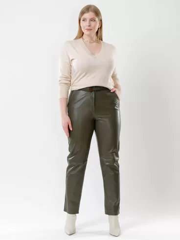 Кожаные прямые брюки женские 04, из натуральной кожи, оливковые, р. 46, арт. 85530-0