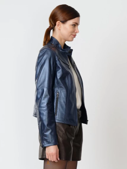 Кожаный комплект женский: Куртка 399 + Шорты 01, синий перламутр/черный, размер 44, артикул 111206-4