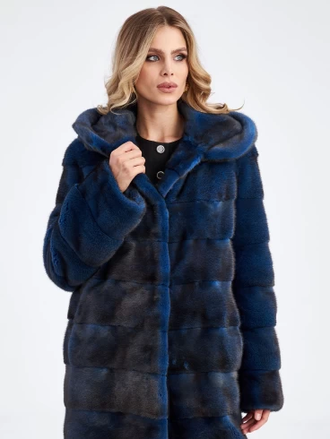 Женское пальто из меха норки с капюшоном 2а-д(к), синее, размер 50, артикул 33890-1