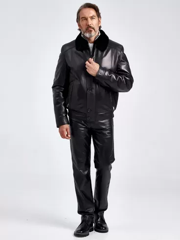 Кожаная куртка зимняя мужская 4816, воротник с мехом норки, черная, p. 46, арт. 40560-5